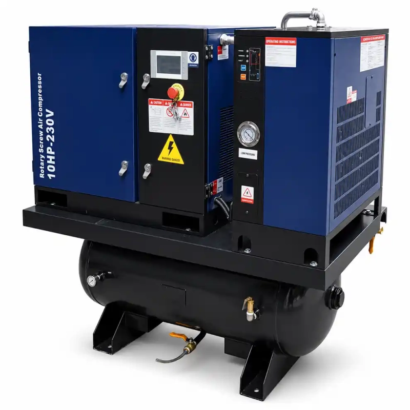 10HP Rotary Screw Air Compressor with Dryer & ASME Tank, 34CFM @125PSI, 230V Single Phase